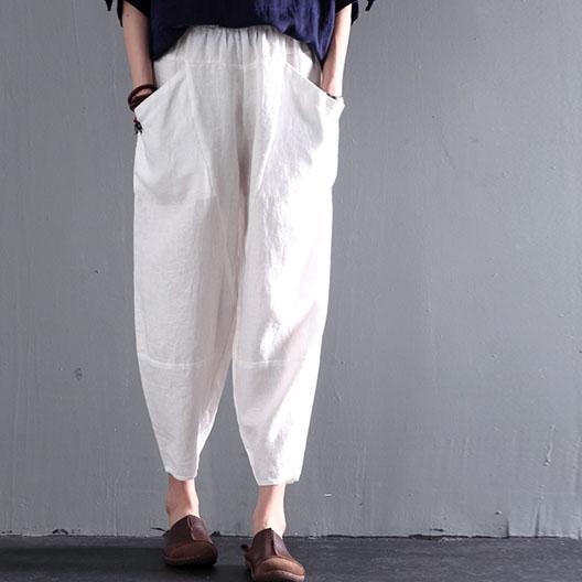 Loose summer linen pants plus size in white - Omychic