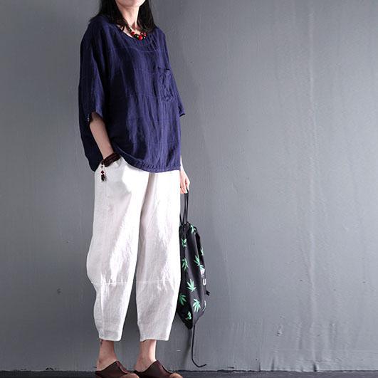 Loose summer linen pants plus size in white - Omychic