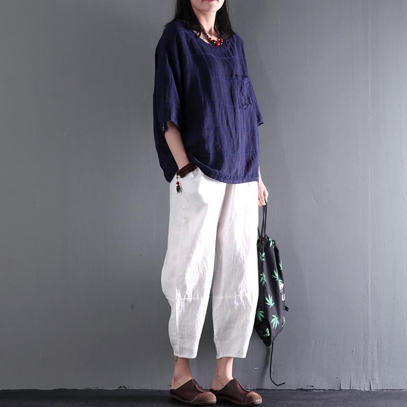 Loose summer linen pants plus size in white - Omychic