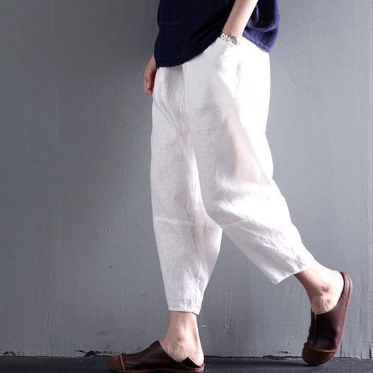 Loose summer linen pants plus size in white - Omychic