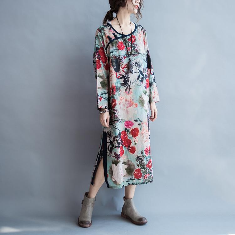 Lotus in the moonlight print maxi dress long sleeve cotton long sleeve dresses plus size cotton gowns - Omychic