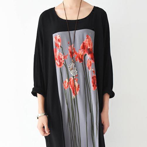 Love Flower Art plus size cotton dresses black causal oversize caftans loose clothing - Omychic