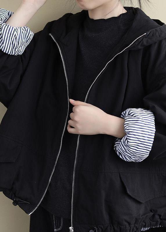 Luxury Black Hooded Zippered Winter Cotton Long sleeve Coat - Omychic