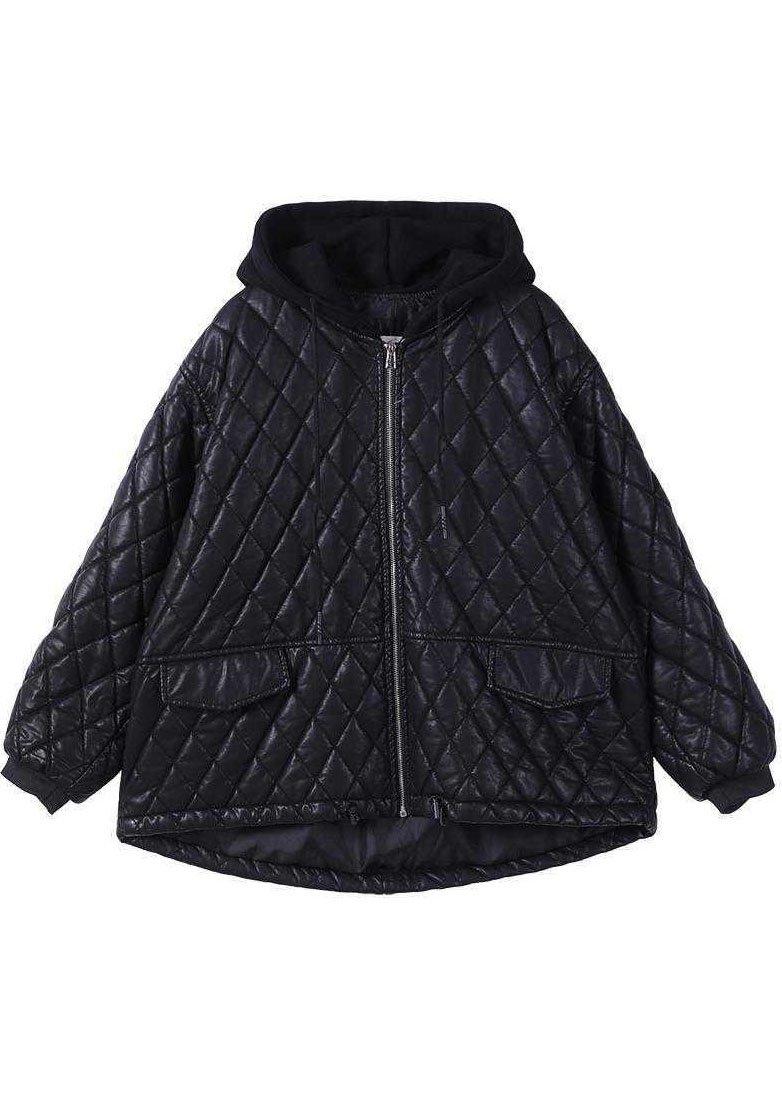 Luxury Black hooded zippered Patchwork Winter Winter Coats Long sleeve - Omychic