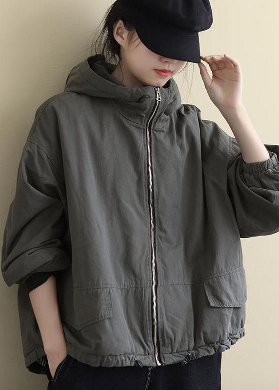 Luxury Grey hooded Loose drawstring Winter Cotton Coats Long sleeve - Omychic