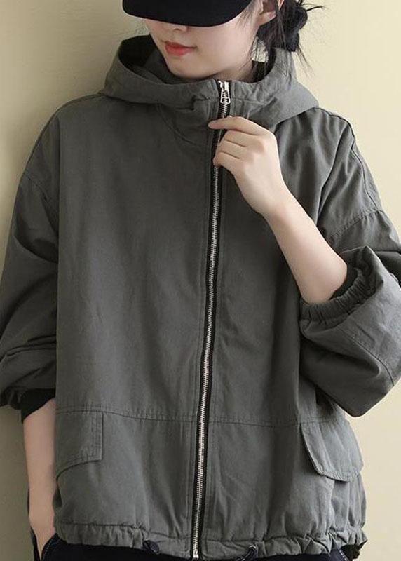 Luxury Grey hooded Loose drawstring Winter Cotton Coats Long sleeve - Omychic