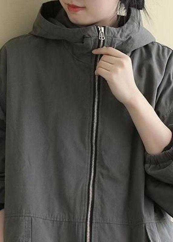 Luxury Grey hooded Loose drawstring Winter Cotton Coats Long sleeve - Omychic