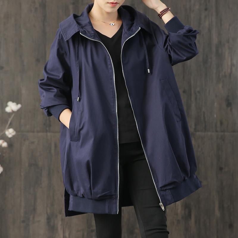 Luxury Loose fitting fall outwear navy hooded zippered drawstring Coats Women - Omychic
