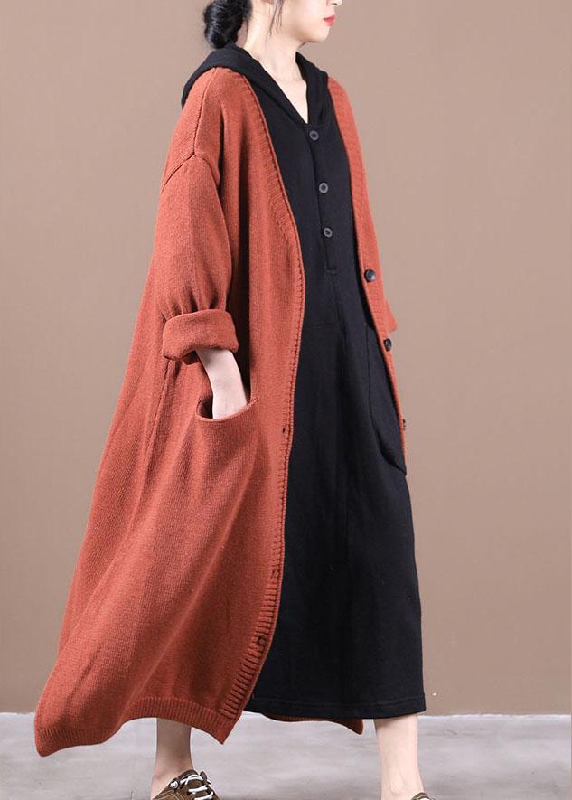 Luxury Orange Red Pockets Fall Long Knit Coat - Omychic