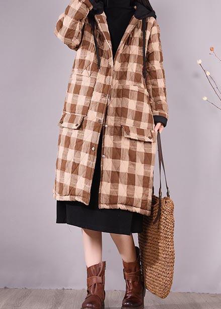 Luxury Oversize Outwear Chocolate Plaid Hooded Pockets Casual Outfit - Omychic