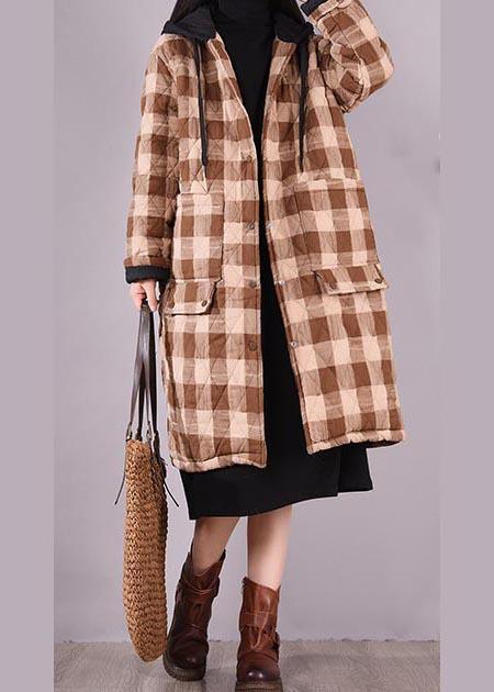 Luxury Oversize Outwear Chocolate Plaid Hooded Pockets Casual Outfit - Omychic