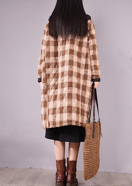 Luxury Oversize Outwear Chocolate Plaid Hooded Pockets Casual Outfit - Omychic