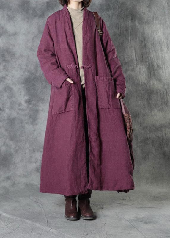 Luxury Purple Linen Button Pockets Winter Cotton Parka Long Sleeve - Omychic