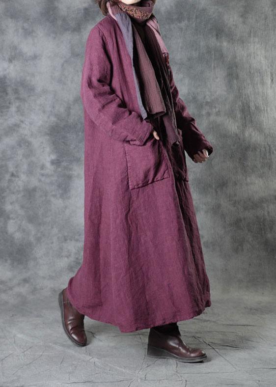 Luxury Purple Linen Button Pockets Winter Cotton Parka Long Sleeve - Omychic