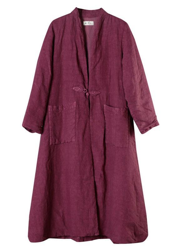 Luxury Purple Linen Button Pockets Winter Cotton Parka Long Sleeve - Omychic