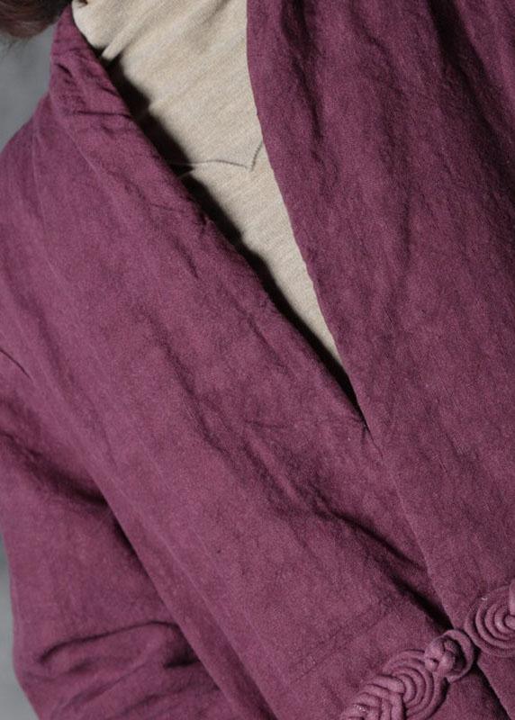 Luxury Purple Linen Button Pockets Winter Cotton Parka Long Sleeve - Omychic