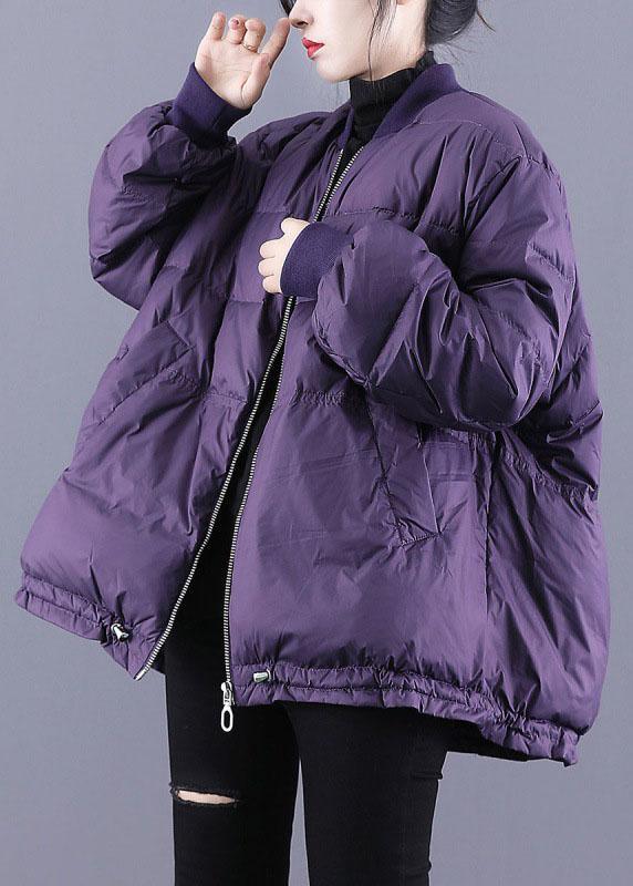 Luxury Purple Zippered Pockets Drawstring Winter Down Coats Long sleeve - Omychic