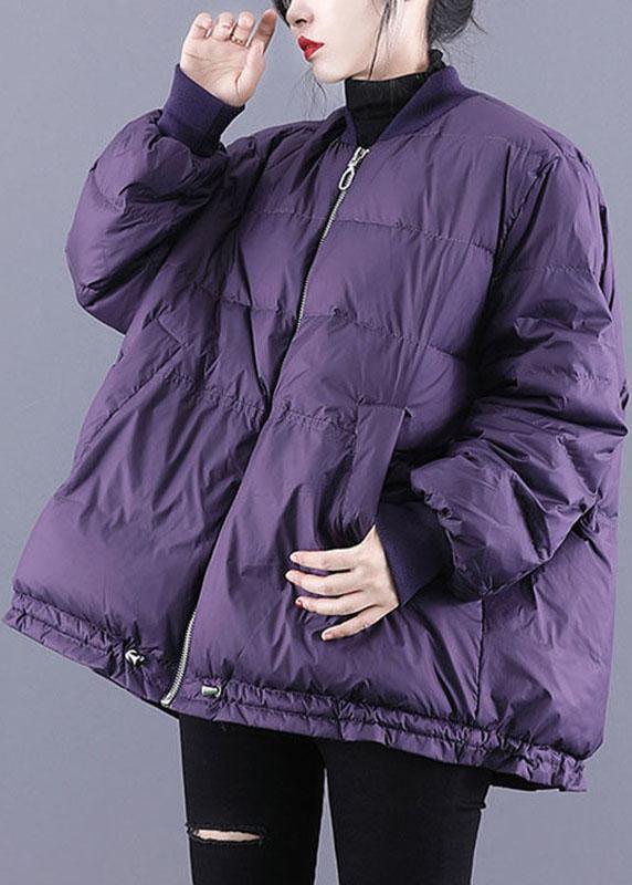 Luxury Purple Zippered Pockets Drawstring Winter Down Coats Long sleeve - Omychic