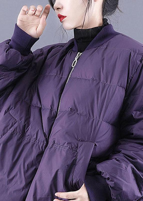 Luxury Purple Zippered Pockets Drawstring Winter Down Coats Long sleeve - Omychic