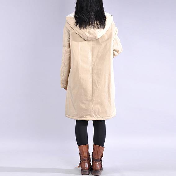 Luxury beige overcoat casual winter jacket hooded zippered outwear - Omychic