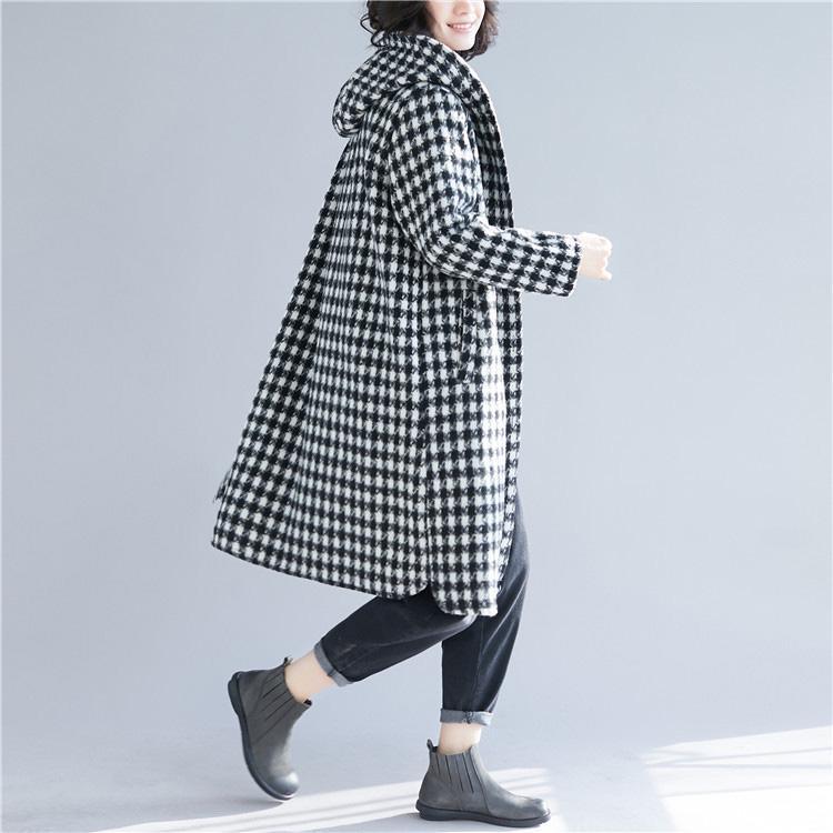 Luxury black Plaid woolen overcoat Loose fitting mid-length coats hooded - Omychic