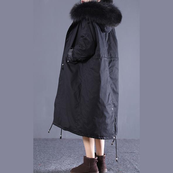 Luxury black Winter Fashion oversize hooded fur collar down jacket top quality drawstring pockets down overcoat - Omychic