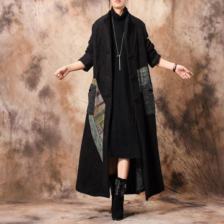 Luxury black Women casual long winter coat patchwork stand collar woolen outwear - Omychic