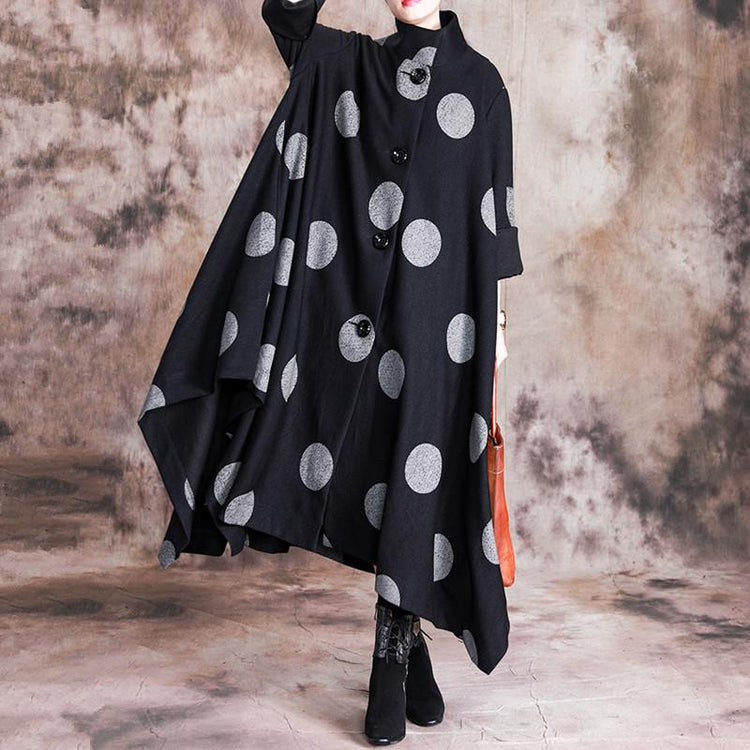 Luxury black dotted woolen coats casual Winter coat stand collar - Omychic