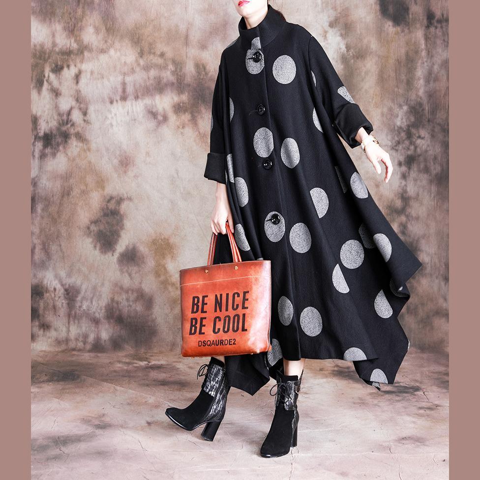 Luxury black dotted woolen coats casual Winter coat stand collar - Omychic