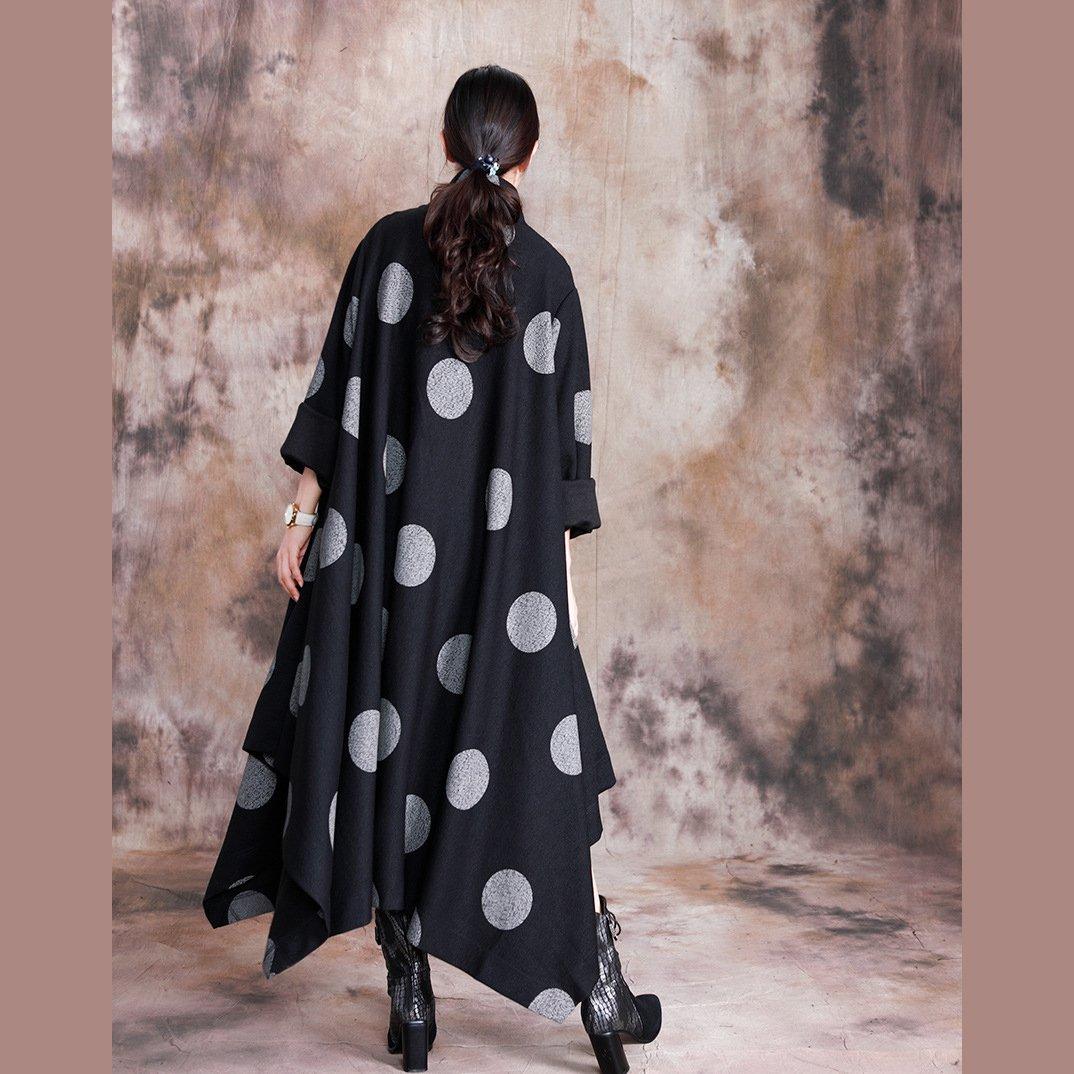 Luxury black dotted woolen coats casual Winter coat stand collar - Omychic