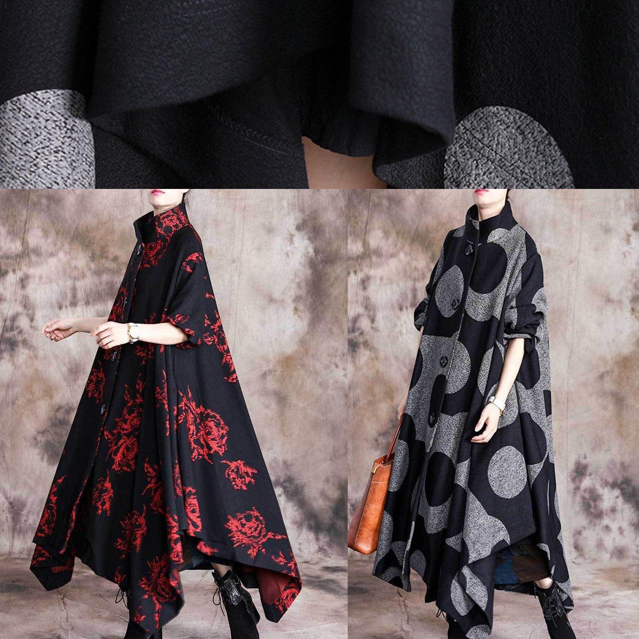 Luxury black dotted woolen coats casual Winter coat stand collar - Omychic
