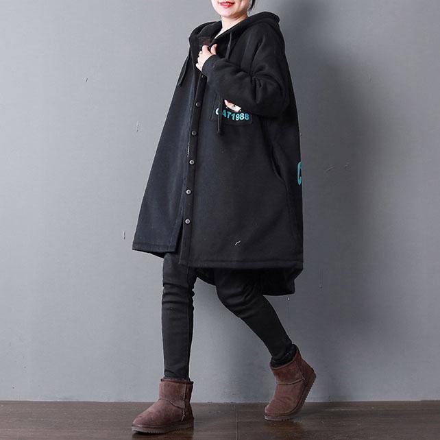 Luxury black print Parkas casual hooded warm winter coat thick pockets drawstring coats - Omychic