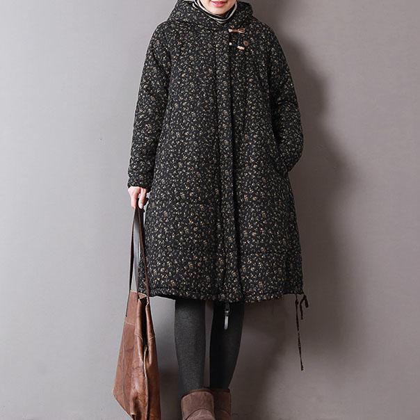 Luxury black print women parka oversize hooded winter Luxury pockets drawstring winter coats - Omychic