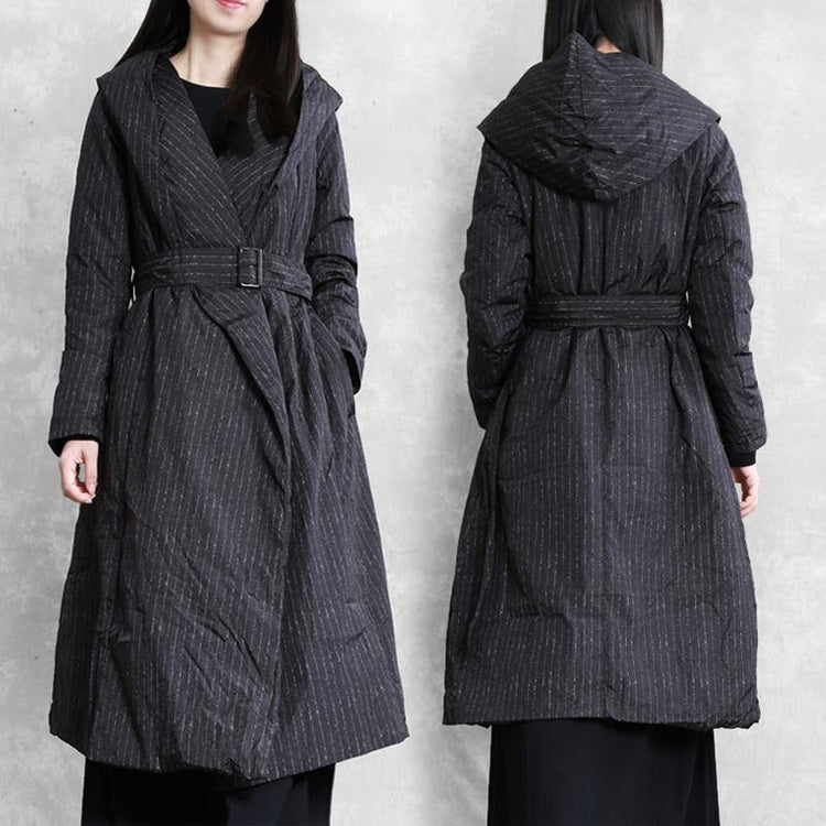 Luxury black striped down jacket woman plus size hooded tie waist womens parka coats - Omychic