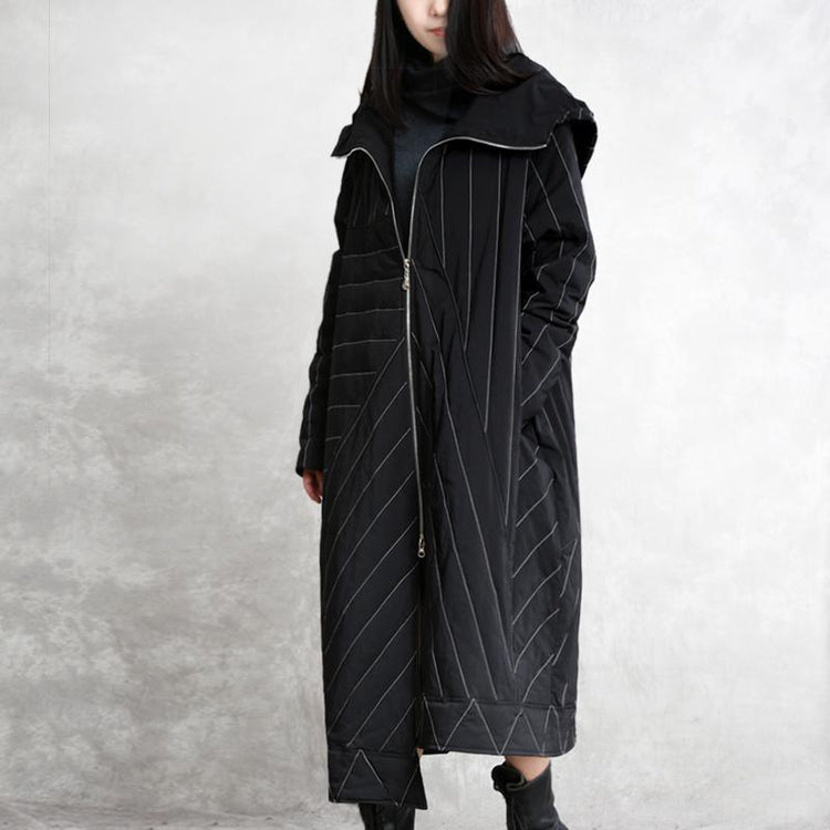 Luxury black striped duck down coat oversize hooded winter zippered coats - Omychic