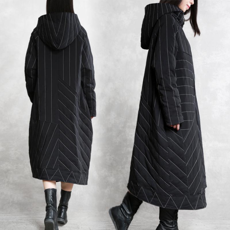 Luxury black striped duck down coat oversize hooded winter zippered coats - Omychic