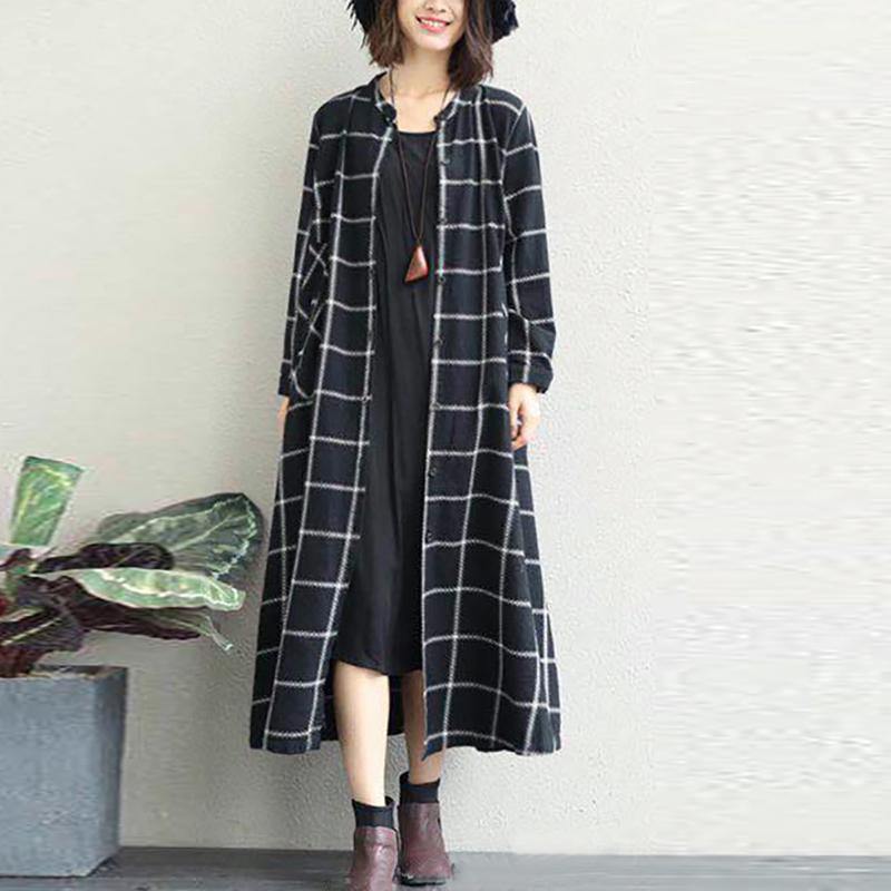 Luxury black white plaid cotton Coat oversized o neck long linen coat New long coat - Omychic