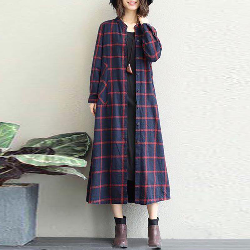 Luxury black white plaid cotton Coat oversized o neck long linen coat New long coat - Omychic