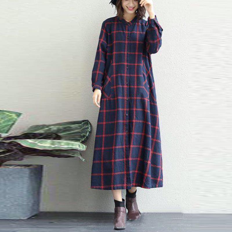 Luxury black white plaid cotton Coat oversized o neck long linen coat New long coat - Omychic