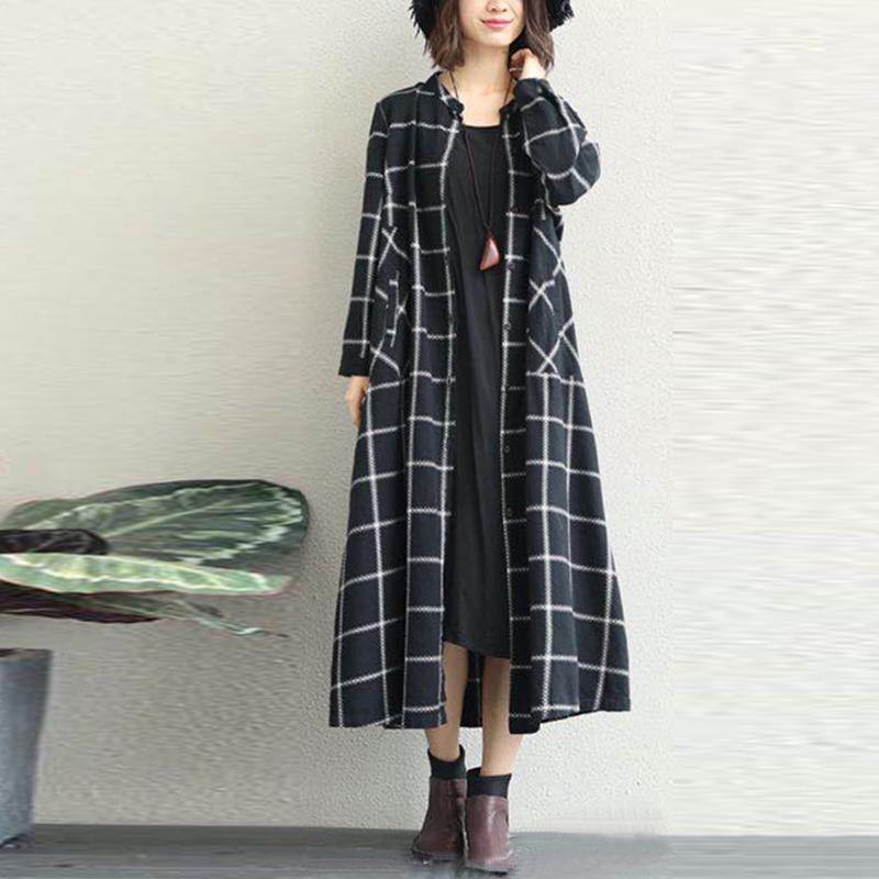 Luxury black white plaid cotton Coat oversized o neck long linen coat New long coat - Omychic