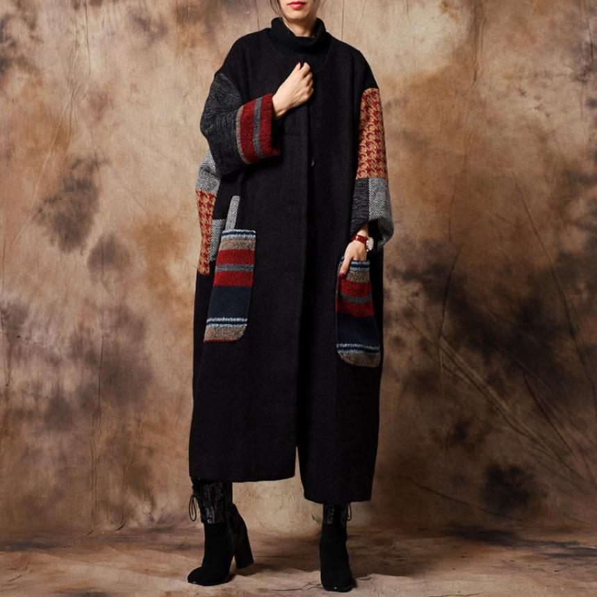 Luxury black woolen coats oversize maxi coat o neck patchwork woolen outwear - Omychic
