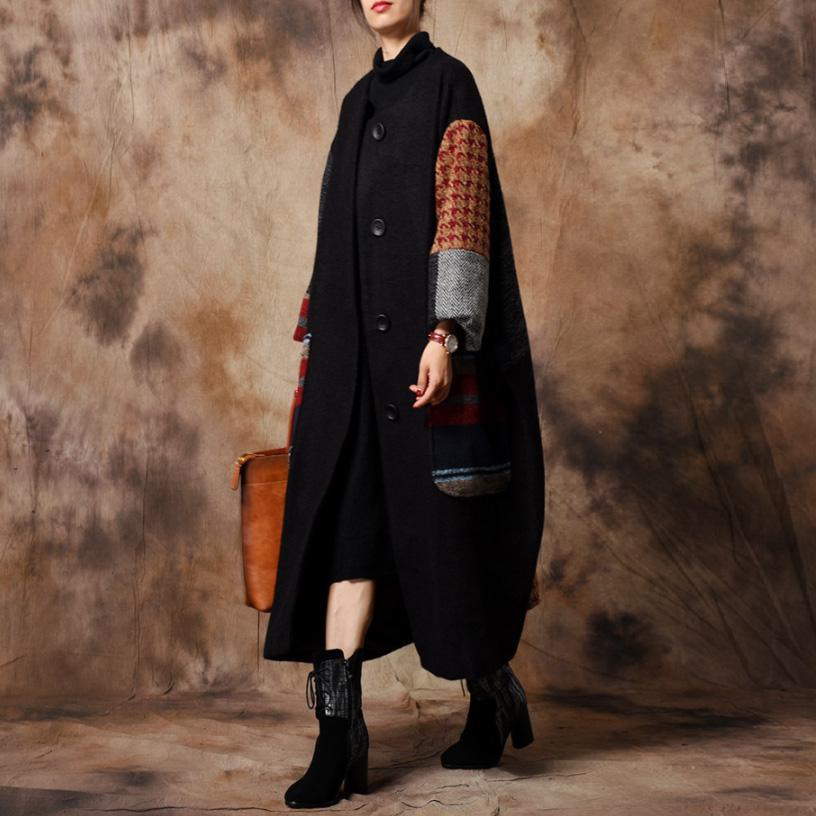 Luxury black woolen coats oversize maxi coat o neck patchwork woolen outwear - Omychic
