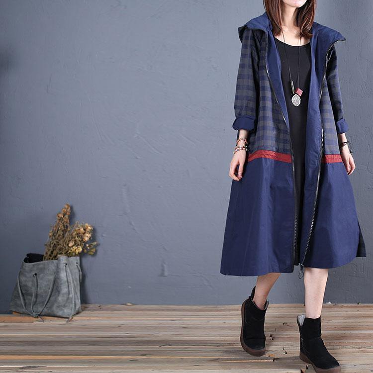 Luxury blue hooded Coat Women trendy plus size maxi coat fall outwear patchwork - Omychic