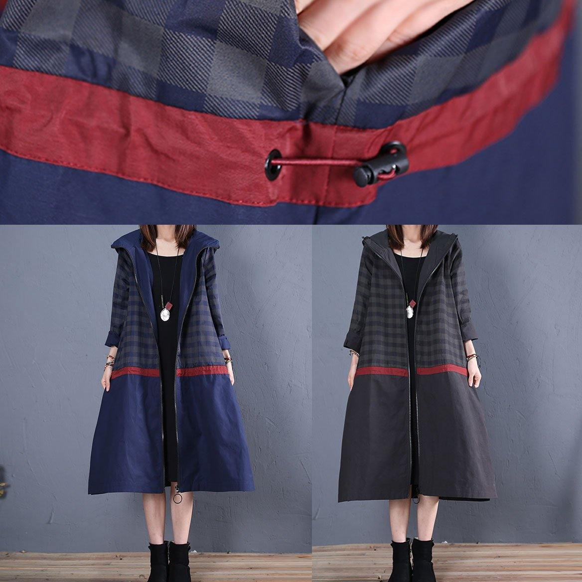 Luxury blue hooded Coat Women trendy plus size maxi coat fall outwear patchwork - Omychic