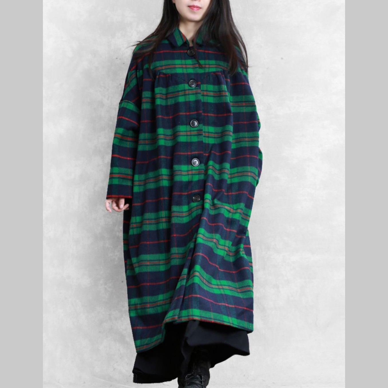 Luxury casual Coats women coats green plaid Notched pockets wool coat for woman - Omychic