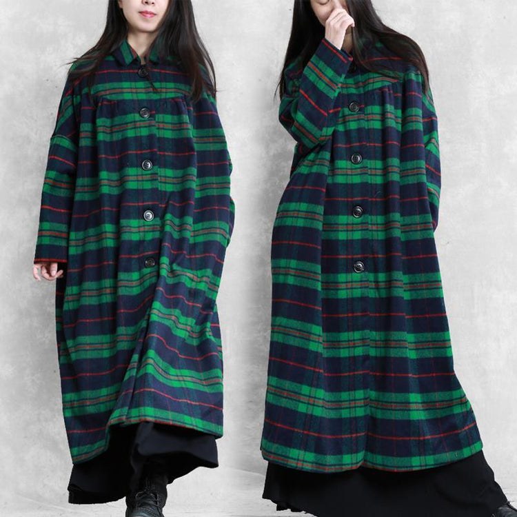 Luxury casual Coats women coats green plaid Notched pockets wool coat for woman - Omychic