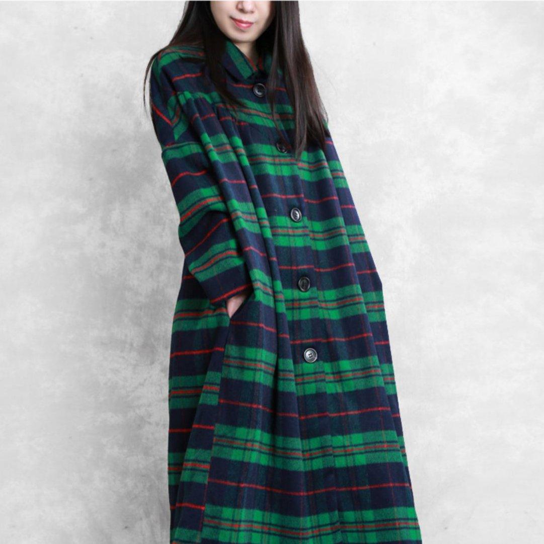 Luxury casual Coats women coats green plaid Notched pockets wool coat for woman - Omychic