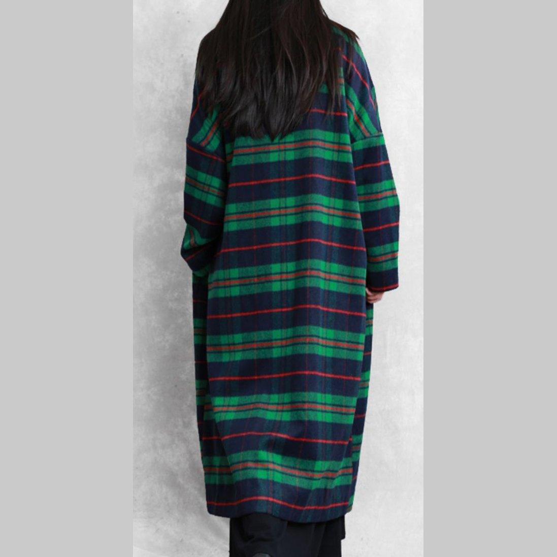 Luxury casual Coats women coats green plaid Notched pockets wool coat for woman - Omychic