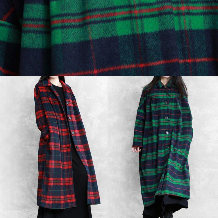 Luxury casual Coats women coats green plaid Notched pockets wool coat for woman - Omychic