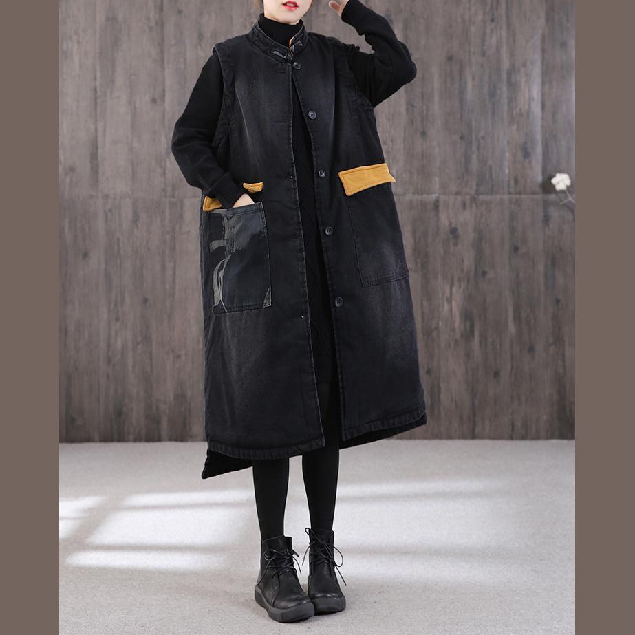Luxury denim black women parka Loose fitting winter outwear stand collar pockets - Omychic